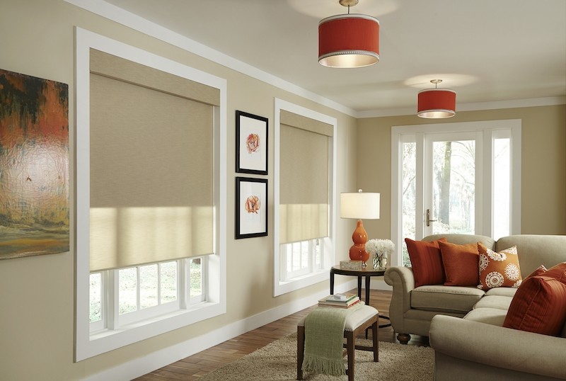 Biege QMotion shades in living room with a couch, overhead lamps, and a glassdoor leading outdoors.  