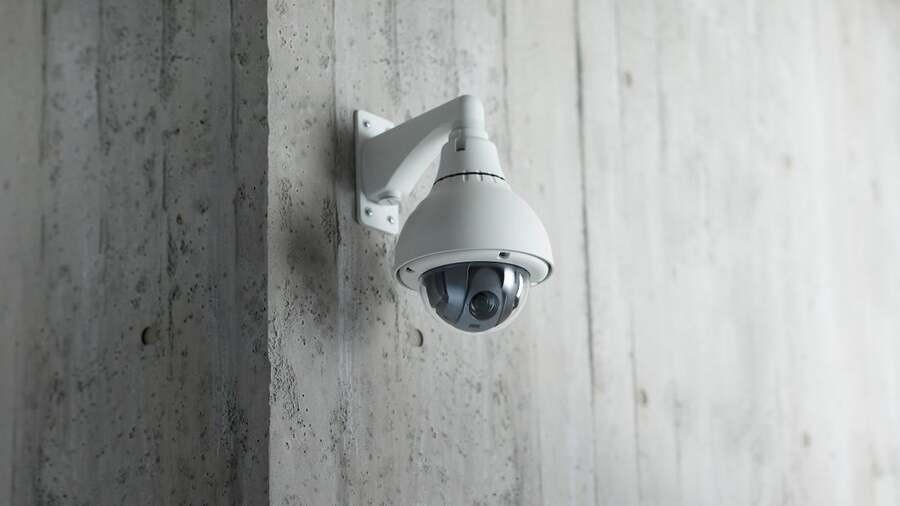 A surveillance camera installed on a gray wall.