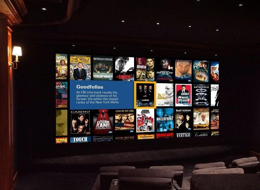 Kaleidescape movie player in a home theater and title-selection on screen. 