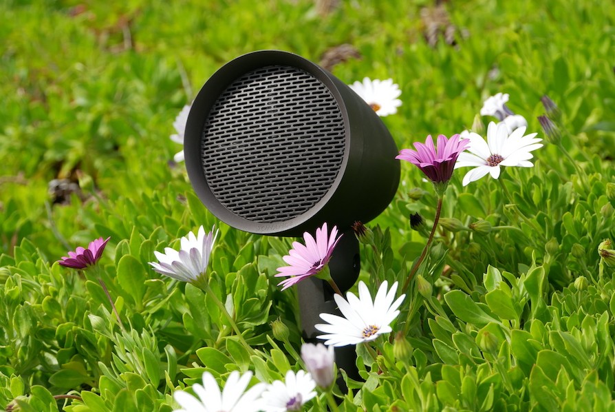 A Sonance landscape speaker is hidden in grass and wildflowers.